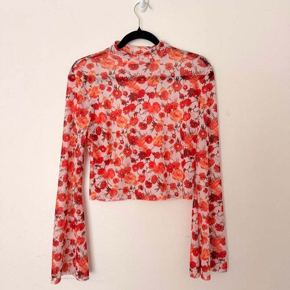 RETRO red orange floral mesh mock neck bell sleeve crop top, One Size 🌸